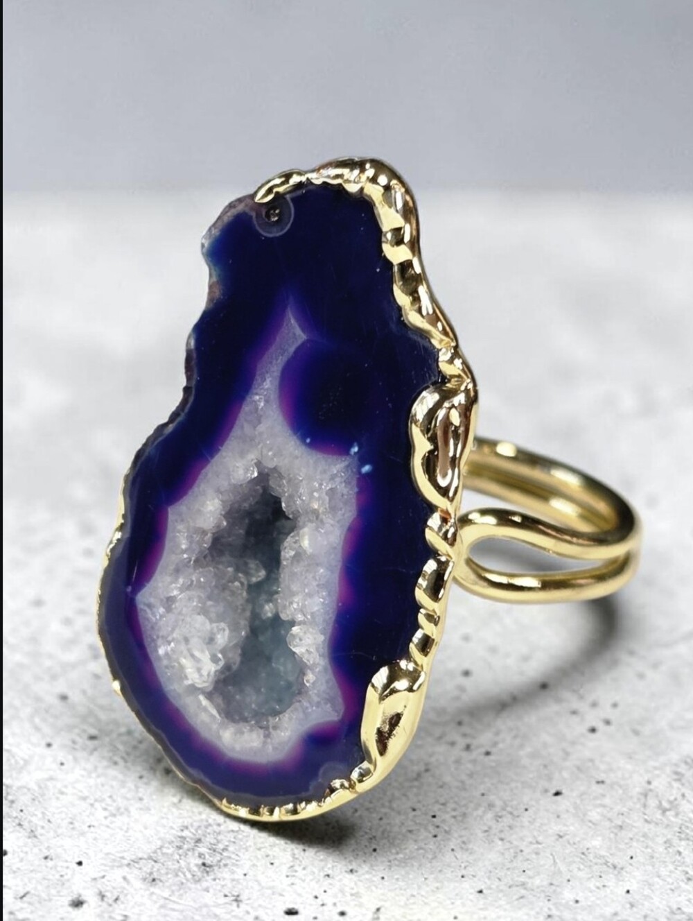 18k Gold Plated Artisan Genuine Deep Purple Agate Sugar Geode Druzy Ring - Picture 1 of 7